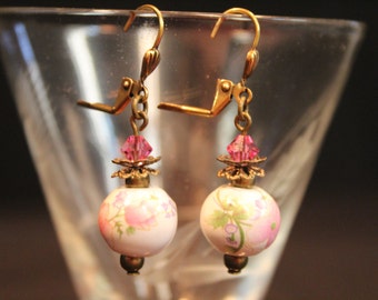 Pink Floral Porcelain Bead Earrings