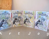 Note card set, post cards, art priint, original design, graphic, bird, French, Paris, baloon, vintage, victorian, blank, set, 4 different,