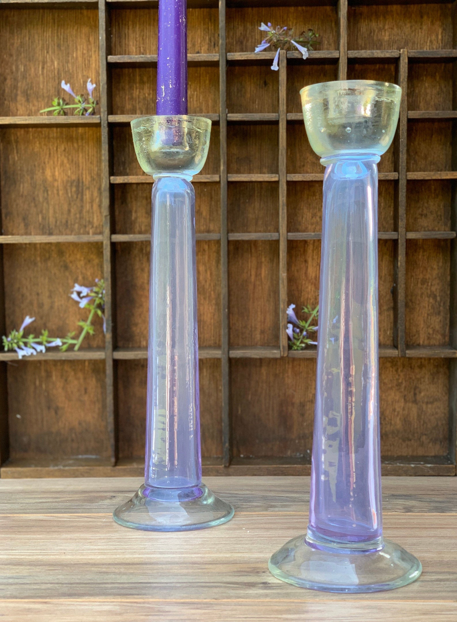 Purple Glass Candlesticks Pair Set Lilac Kosta Boda Style Tall Etsy