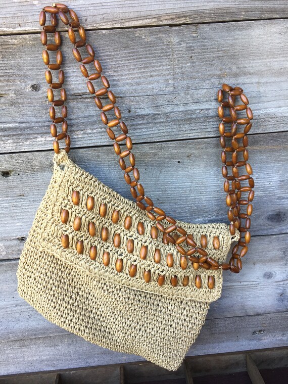 Macrame Purse Beaded Shoulder Bag Wood Boho Tote