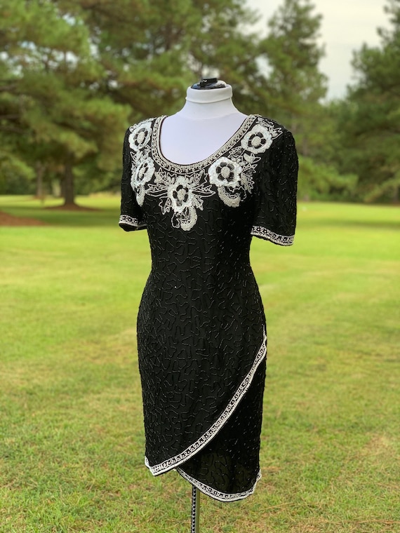 Black Beaded Dress White Pearl Cocktail Dress Vint