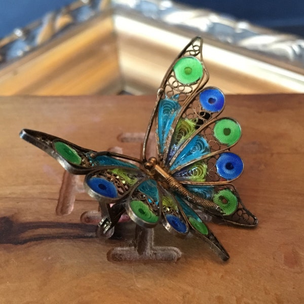 FREE SHIP Blue and Green Filigree Plique à Jour Enamel Enchanting Butterfly Pin Marked 800 Silver