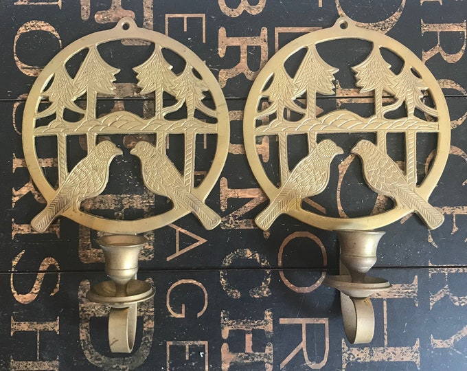 Pair of Vintage Brass Candle Wall Sconces Birds and Trees, Vintage brass, home decor, boho chic, bird lover, wall decor, brass candle holder