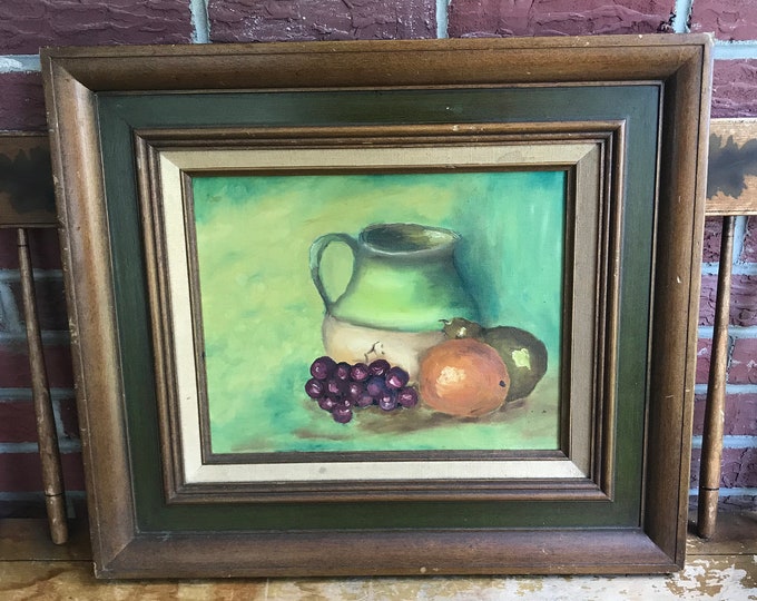 1970s Framed Still Life Painting of a Jug and Fruit by Vada Chappell, boho decor, 1970s decor, green, orange, purple white, student painting