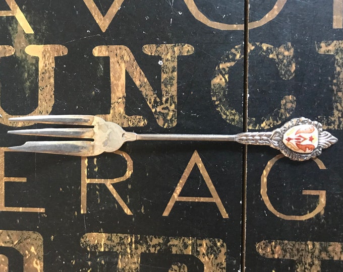 Beautiful Antique Silverplated Cake Fork with a Porcelain Cabochon with Crest Marked "Japan", cake fork, pastry fork, souvenir fork,