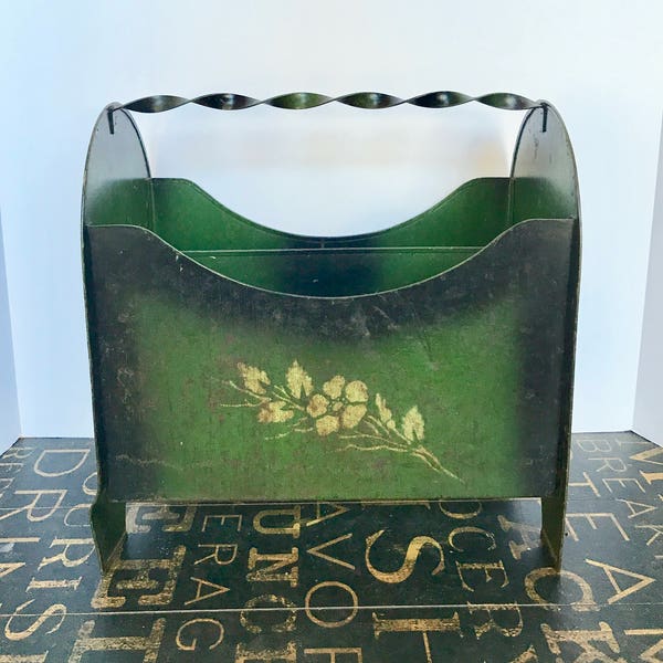 Vintage Green Painted Metal Magazine Rack with Yellow Flowers and twisted metal handle, farmhouse, country chic, vintage decor, cottage chic