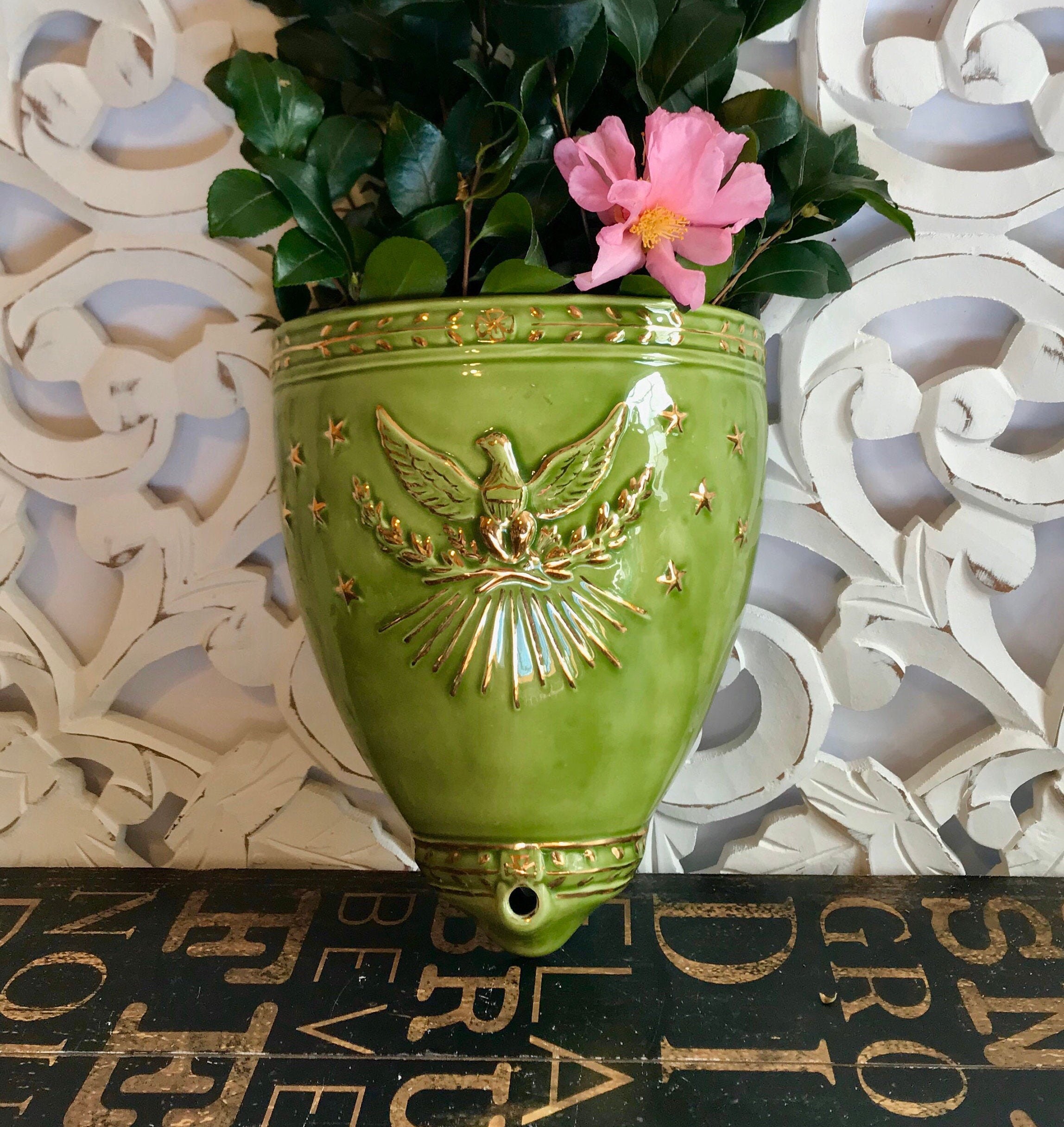 Vintage Federal Ceramic Wall planter by Yozie, green