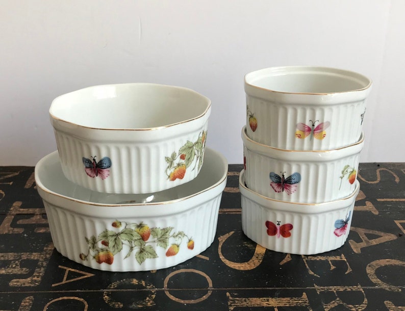 Five Lenwile-Ardalt Porcelain Oven Safe Butterflies /& Berries Mini Souffl\u00e9 Dishes Patterns 6970 and 6512 Japan individual souffl\u00e9