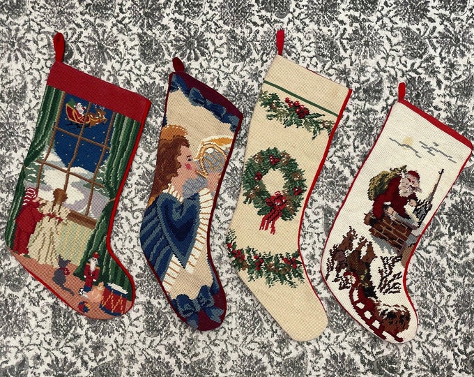 Vintage Needlepoint & Velvet Stockings with Christmas scene stocking, Santa stocking , angel stocking, wreath stocking, country Christmas