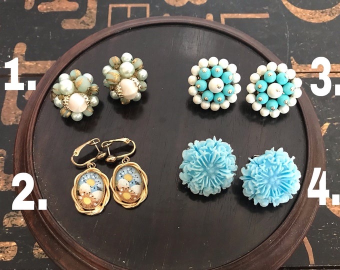 Vintage Clip On Earrings, Park Lane, Japan, vintage costume jewelry, cluster, gift for mom, costume earrings, blue, white