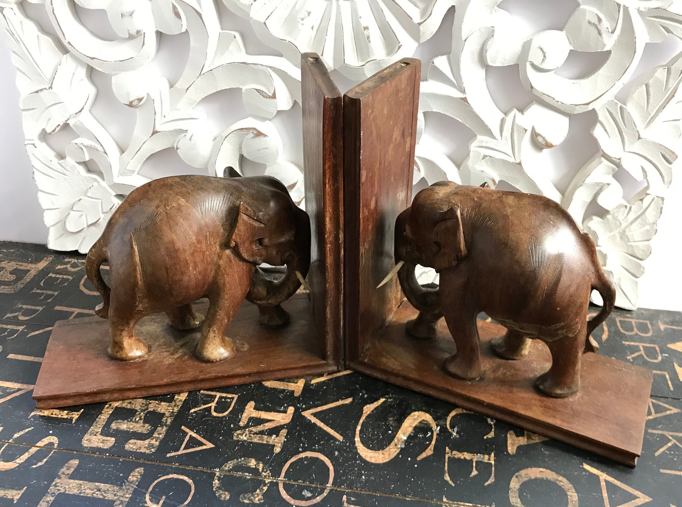 Vintage Carved Wooden Elephant Bookends Made in India boho Etsy