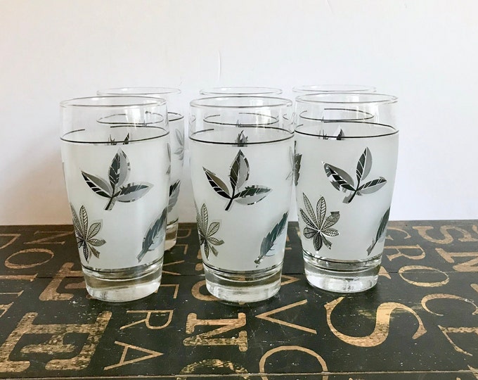 Set of Six Vintage 1960s Silver Foliage 10 Oz Flat Tumblers Libbey Glass Co. Vintage Bar, Mad Men, MCM, Bar Decor,leaves, Frosted Glass