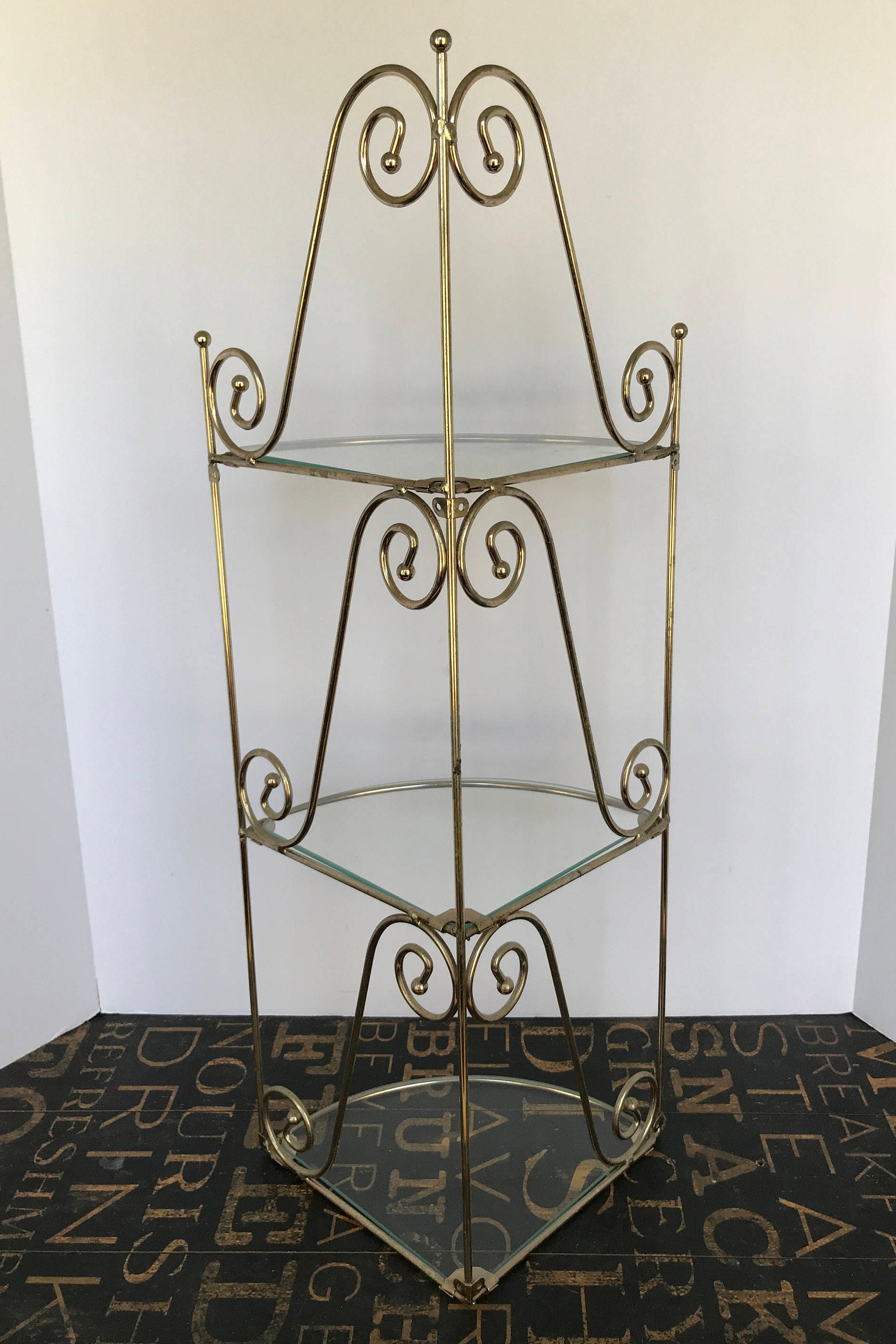 Vintage Three Tiered Gold Metal and Glass Corner Shelf
