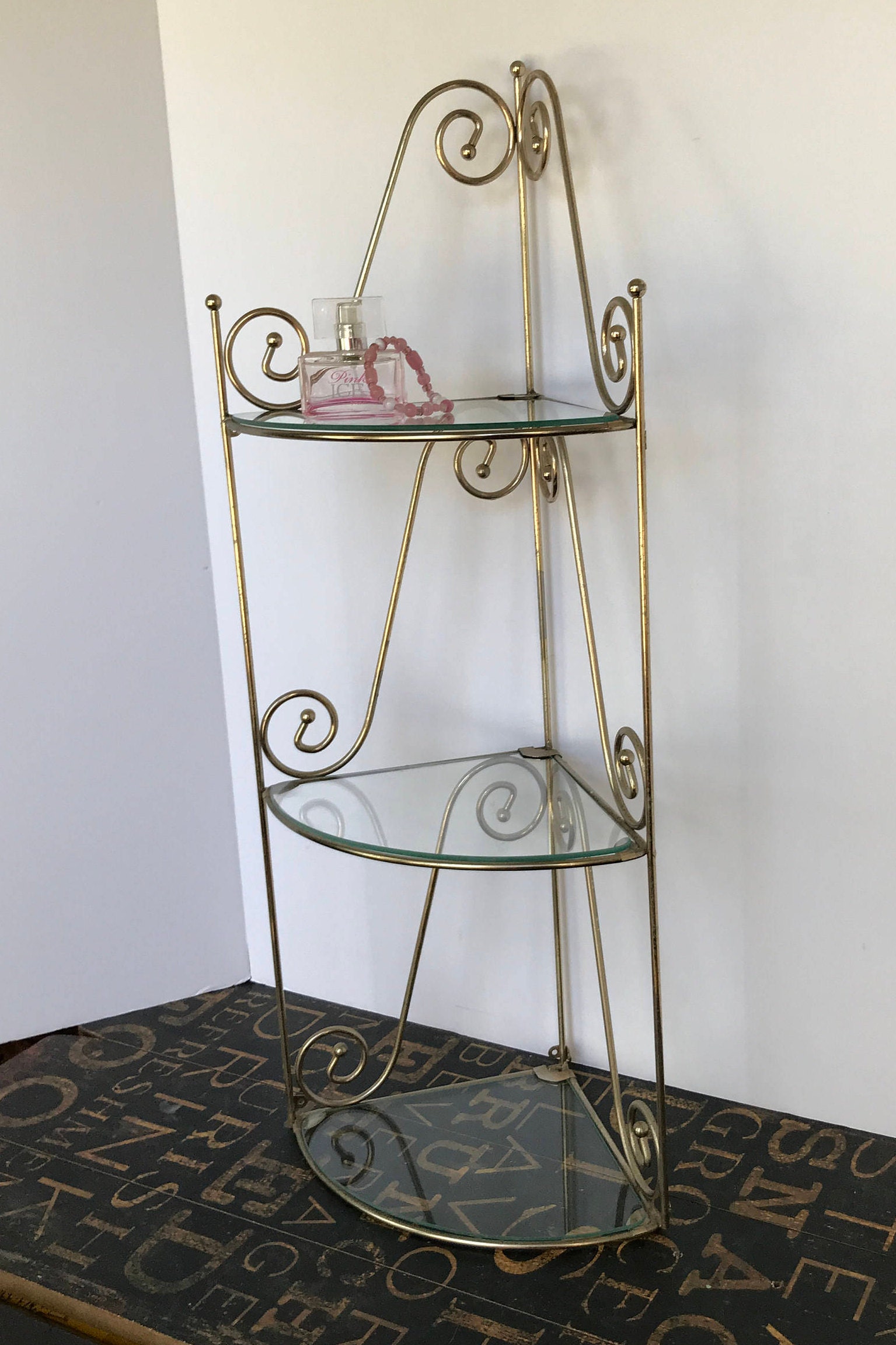 Vintage Three Tiered Gold Metal and Glass Corner Shelf ...