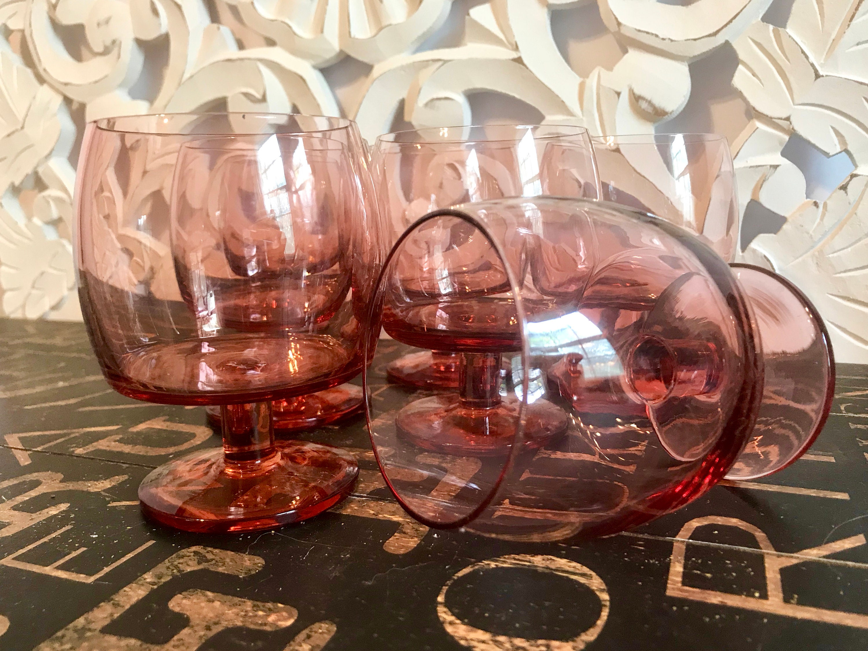 Vintage 1980s Pink Wine Glasses, Short Stemmed, Flat Bottomed, Wine Glasses (seven glasses total