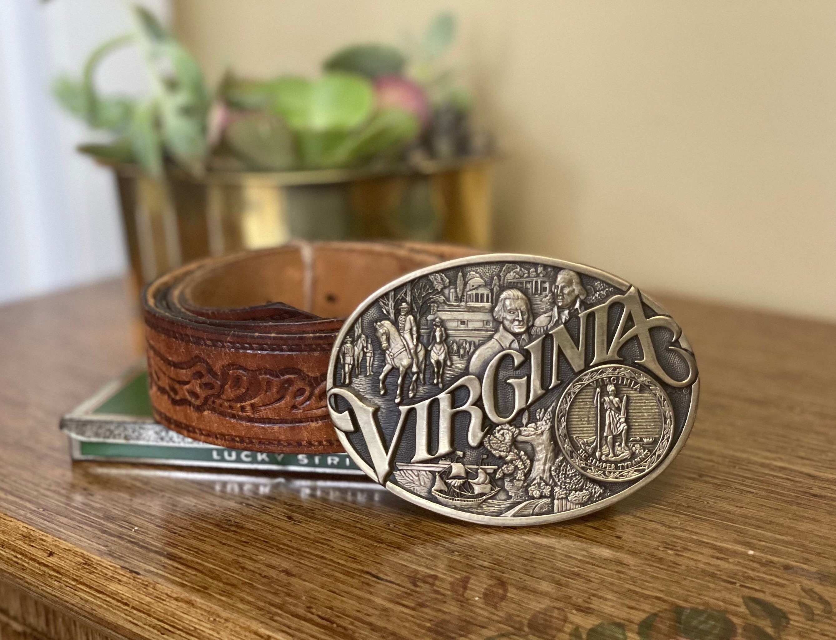 1980s Vintage Award Design Medals Inc. Solid Brass Virginia Belt Buckle &  Tooled Leather Belt, gift for dad, Father's Day,80s wardrobe