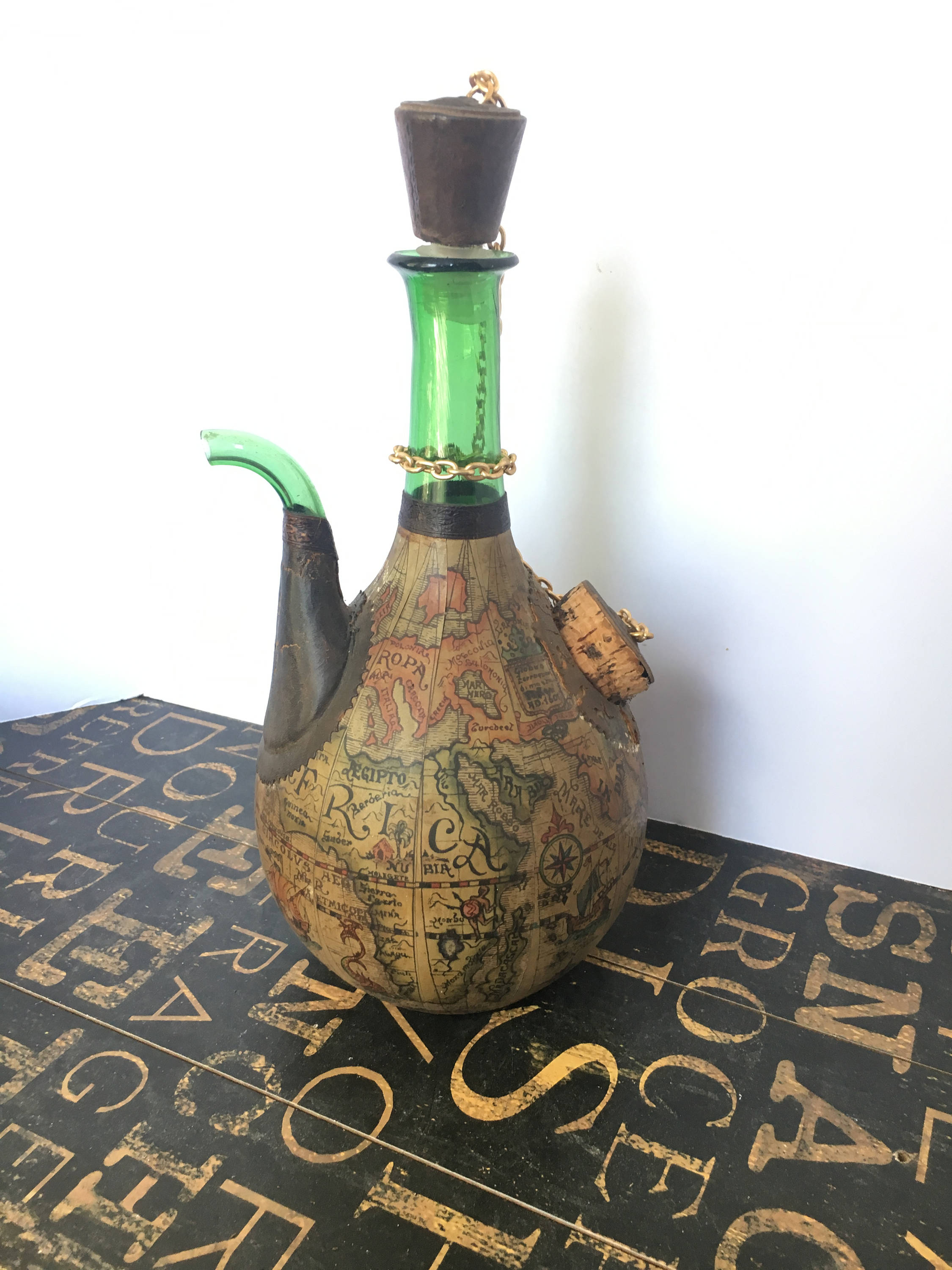 Download Vintage Green Glass Leather Bound Wine Decanter with Map of Africa corked filling hole and ...