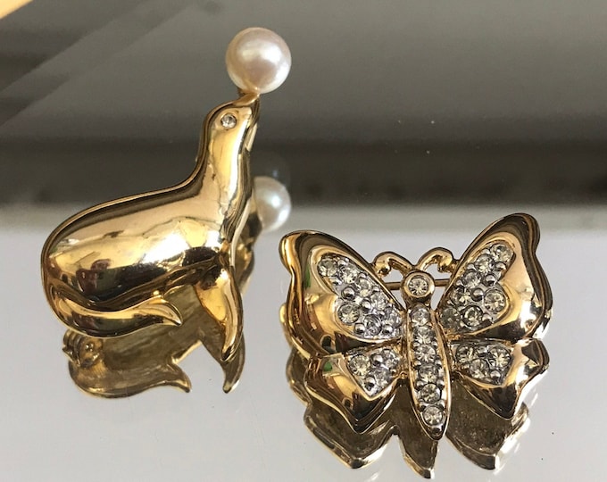 Vintage Goldtone Brooches, Butterfly w/Rhinestones (SOLD) or Seal w/Pearl Ball, gift for her, self care figural brooch, gift for mom