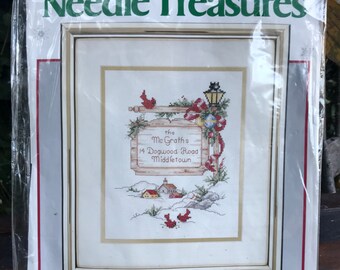 Vintage Counted Cross Stitch Kit by Needle Treasures, "Holiday Sign Post" 02875, Joan Marchie, JCA, INC, gift for mom, house warming gift