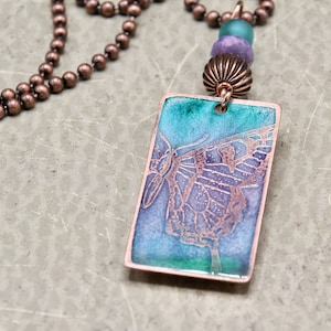 Pendant Necklace with Hand-painted, Etched  Copper Butterfly and Glass Beads; in Lavender, Teal Green,  and Soft Blue; on Ball Chain