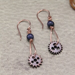 Steampunk Dangle Earrings with Handmade Copper Hoops; Natural Stone and Gear Beads; in Blue and Copper Colors