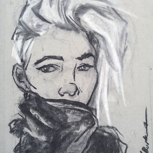 Framed Bundle Up Charcoal Portrait Drawing.