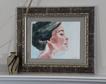Framed Woman Watercolor Portrait