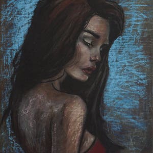 Framed Red Dress Original Pastel Painting Framed