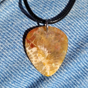 Indonesian fossil coral stone guitar pick necklace - P1482