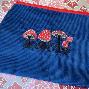 Toadstool Embroidered Corduroy Zip Bag: Makeup, Pencil Case