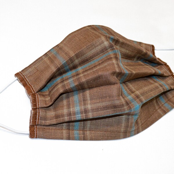 Elegant Brown Plaid Face Mask, Italian Linen, Preppy, Gift for Him, Fall, Autumn ,Menswear, Hickey Freeman -made in USA 68