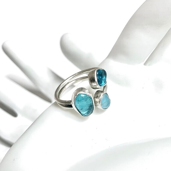 Multi Stone Adjustable Silver Ring Blue Glass Ring Free Form