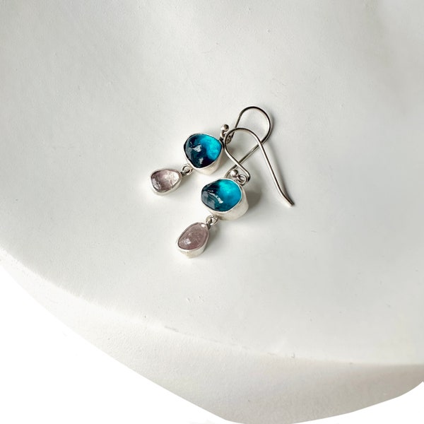 silver drop earring, free form glass drop, blue stone dangle, modern handmade jewelry, sensitive ear nickel free dangle, mom jewelry gift