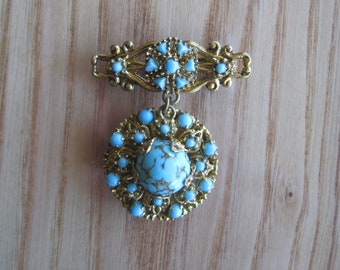 Suspended Brooch, Hanging Dangling Faux Turquoise Brooch, Vintage Mid Century Jewellery