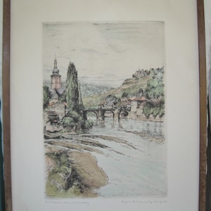Original Etching, River Landscape With Castle, Signed German Artist