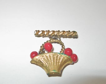 Hanging Dangling Cherry Basket Brooch, Vintage Spring Brooch