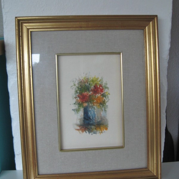Original Signed Aquarelle, Mid Century Water Color Flower Bouquet, Framed Painting