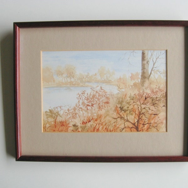 Original Landscape Watercolor Painting, Vintage Aquarelle River Scene