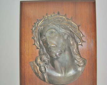 Religious Metal Wall Plaque, Jesus Relief Portrait, Vintage Mural Sculpture