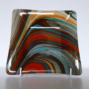 Fused glass dish, orange-turquoise swirls, unique gift from LuzGlass, coffee table attraction, 15 cm square