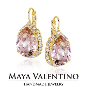 Fine Teardrop Swarovski Rose Peach Crystal Droplet Earrings Blush Pink Antique Gold Vintage Style Wedding Jewelry Gift Valetines Christmas