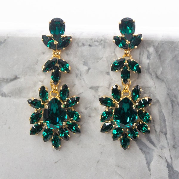 Emerald Chandelier Earrings, Dark Green Chandelier Earrings for Bridal, Green Wedding Jewelry, Big Green Swarovski Crystal Earrings For Her