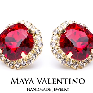 14K Authentic Gold Amazing Shiny Ruby Red Prom Stud Earrings Swarovski Crystal Lovely Wedding Garnet Earrings For Woman Friendship Brides