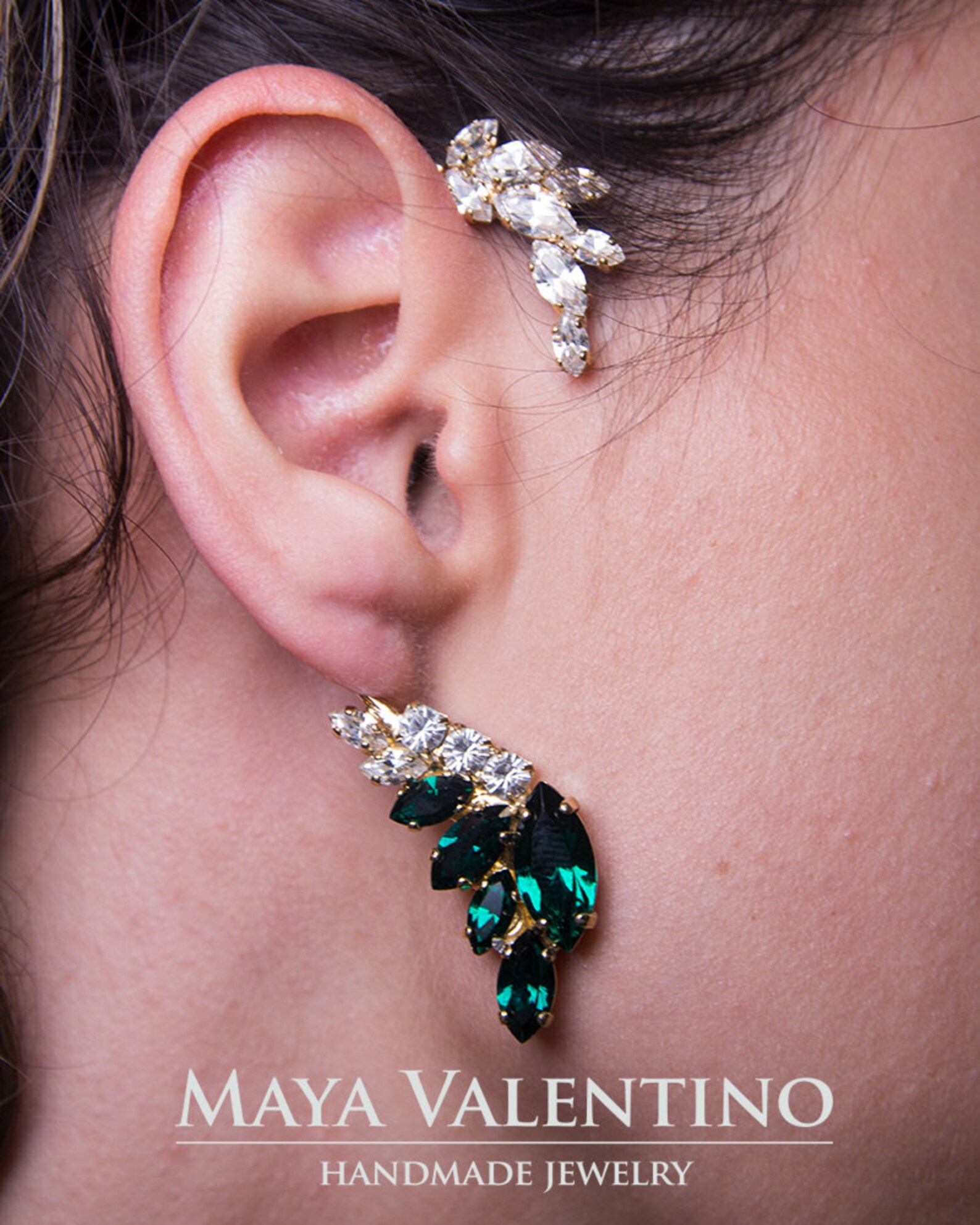 Green Emerald Earring Bridal Green Ear Cuff Green Bridal Etsy