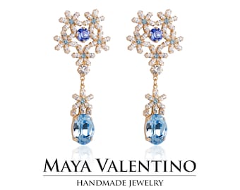 Aquamarine Chandelier Earrings for Bride, Blue Swarovski Chandelier Earrings, Beach Wedding Earrings, light Blue Chandelier Earrings, Flower
