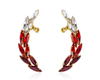 Red Ruby Ear Cuff Earrings, Garnet Earrings, Red Bridal Wedding Jewelry, Red Statement Earrings, Red Crystal Earrings, Swarovski Earrings