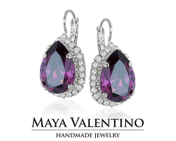Purple Earrings Swarovski Crystal Pear Dangle Earrings Tear Drop