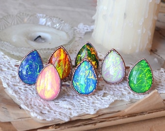 FAUX OPAL ring size US, resin opal, made to order, iridescent ring, copper electroformed, statement ring synthetic opal