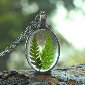 Small oval FERN necklace, dried fern, terrarium necklace, plant jewelry, tin soldered jewelry real dried flower forest necklace flower child