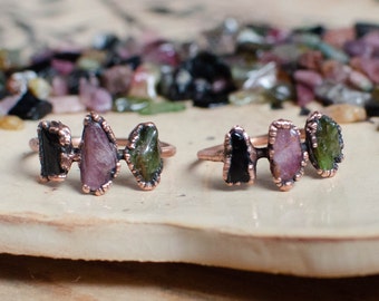 THREE TOURMALINE electroformed copper ring, made to order, US size, october birthstone